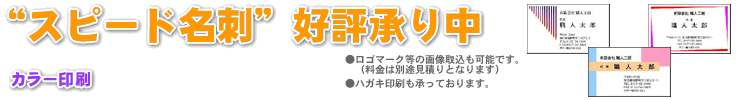 “スピード名刺”好評承り中　カラー印刷50枚1,550円より　　●ロゴマーク等の画像取込も可能です。（料金は別途見積りとなります）●ハガキ印刷も承っております。